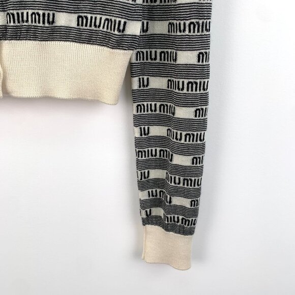 Miu Miu Womens Black & White Logo Print Cashmere Blend Cardigan Sweater Size 38 - Picture 4 of 8